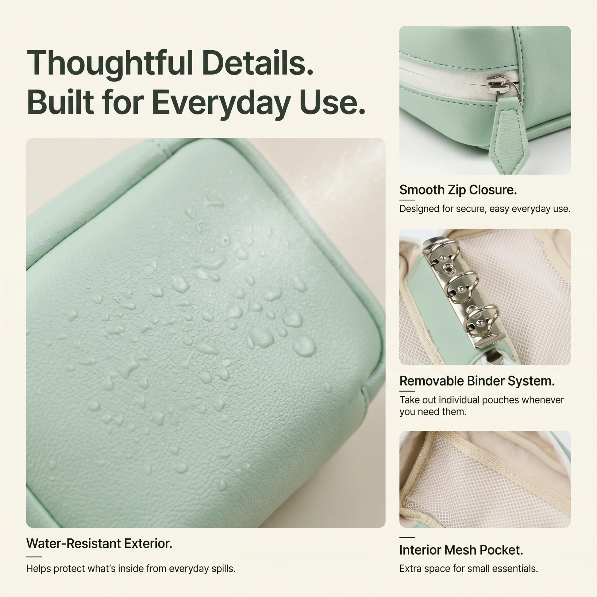 Water-resistant exterior zipper binder and mesh pocket details