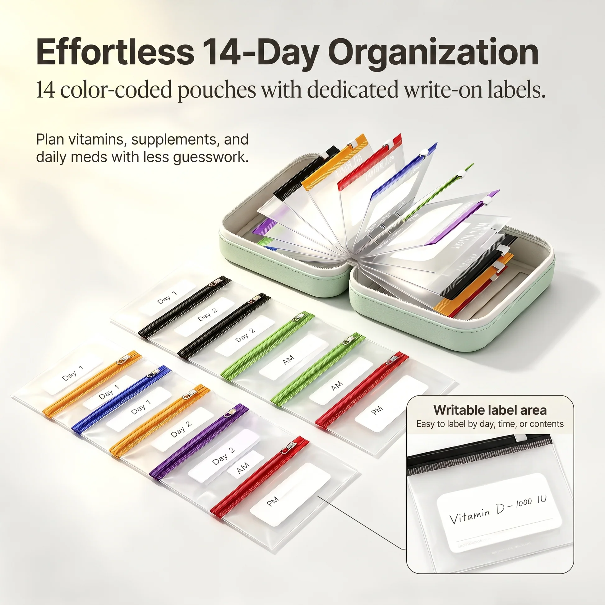 Color-coded removable pouches with write-on labels