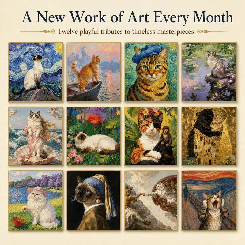 Twelve different cat artworks featured in the 2027 calendar
