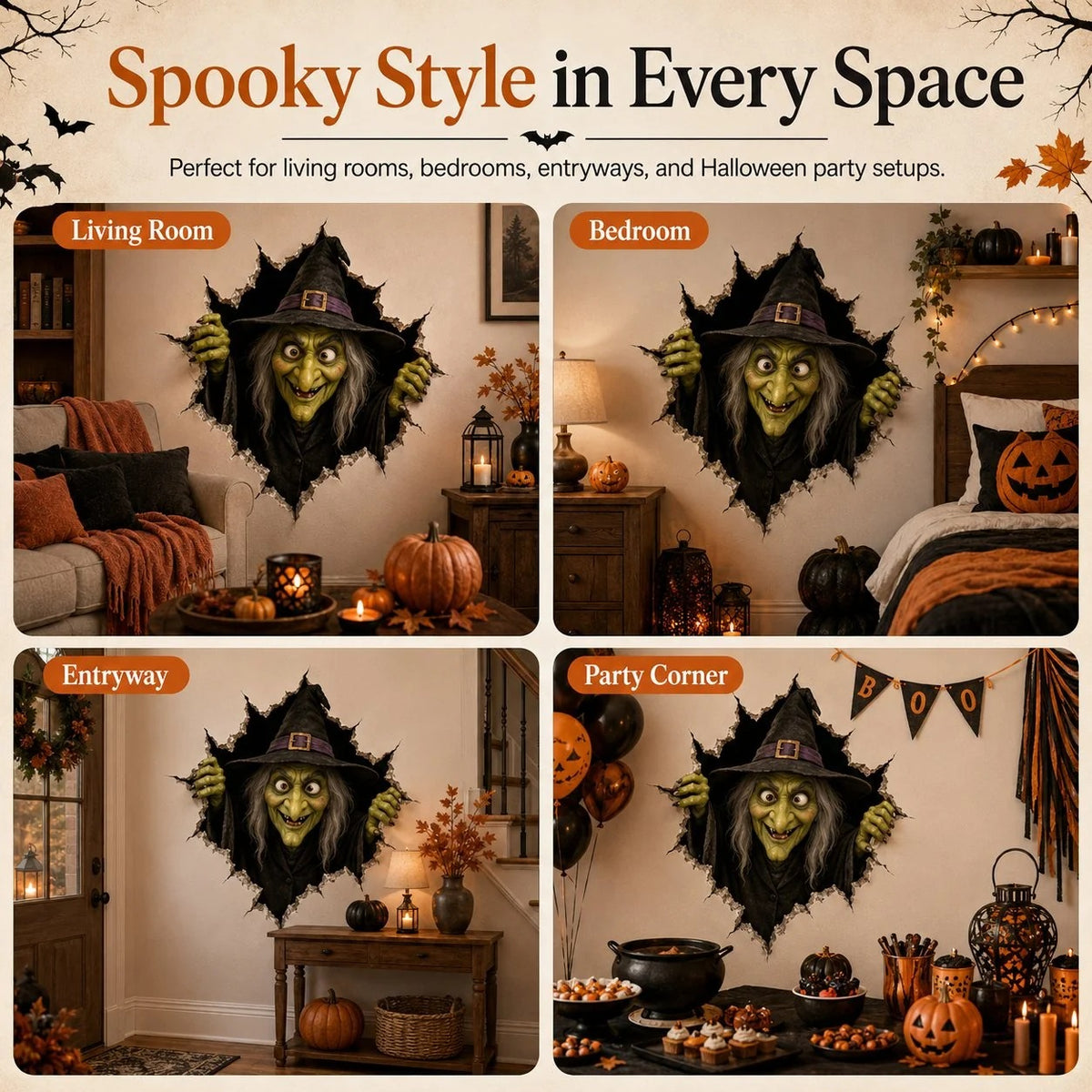 Halloween witch wall decal displayed in multiple rooms