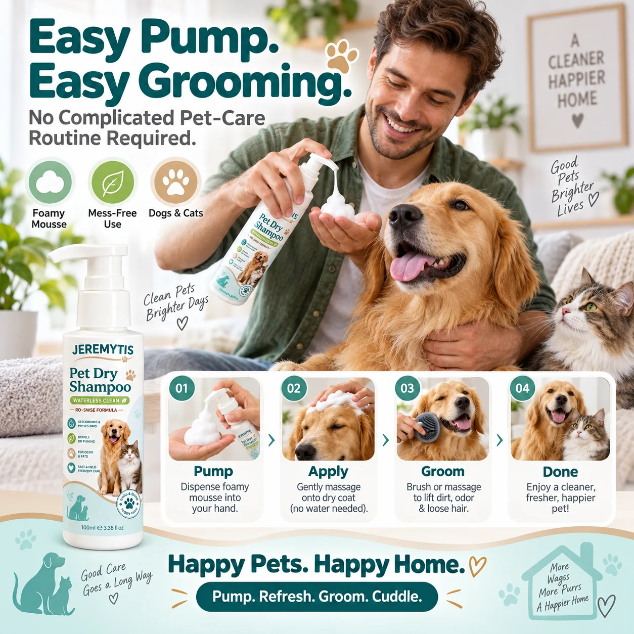 How to use JEREMYTIS pet dry shampoo mousse