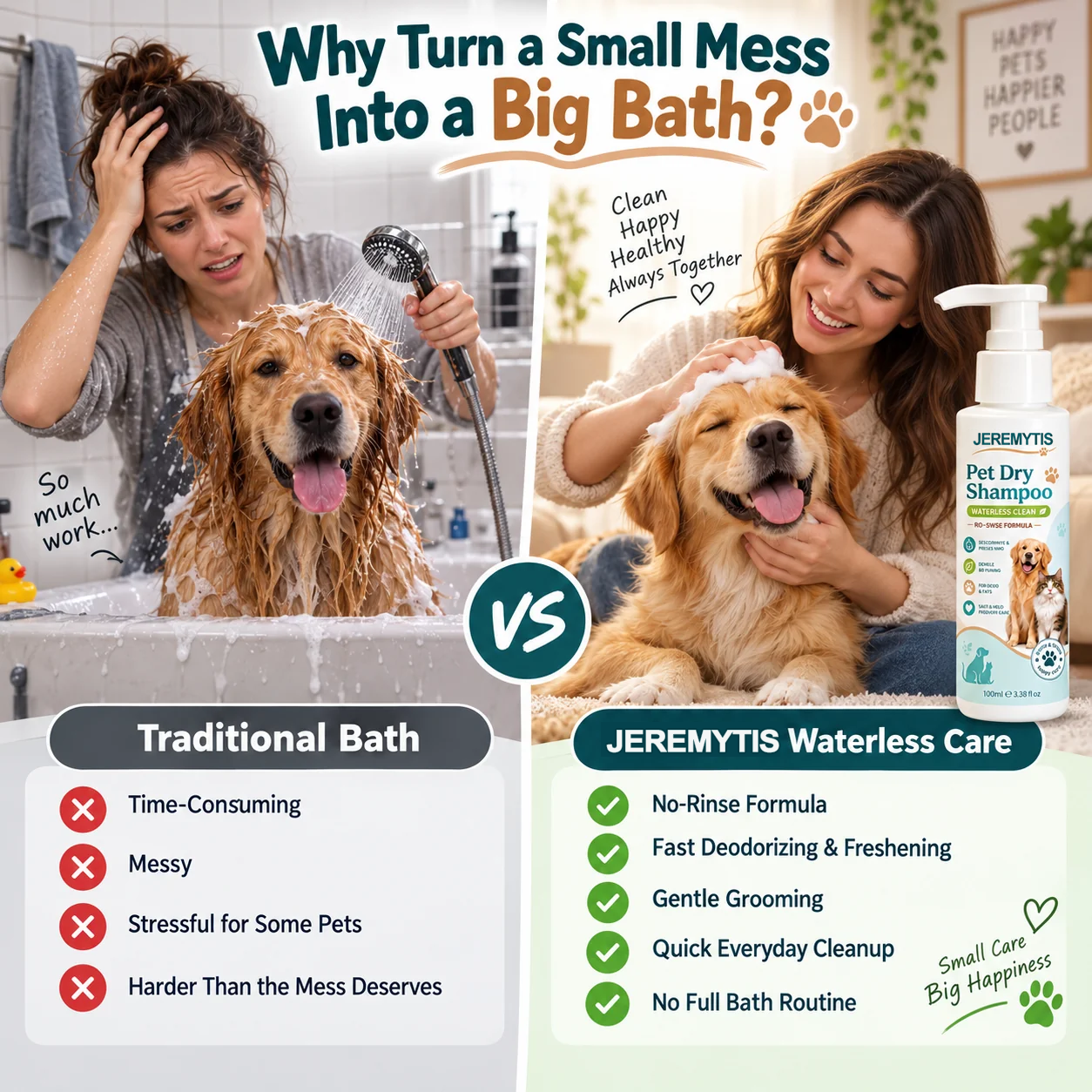 Traditional bath compared with waterless pet grooming