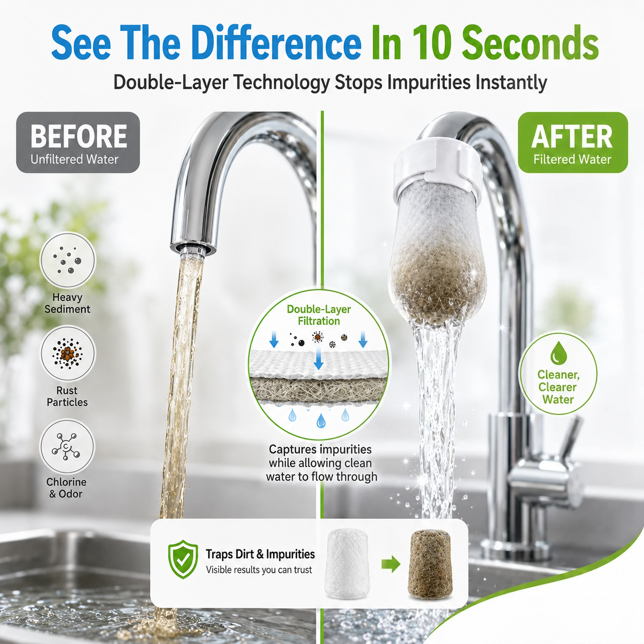Faucet filter before and after filtration illustration