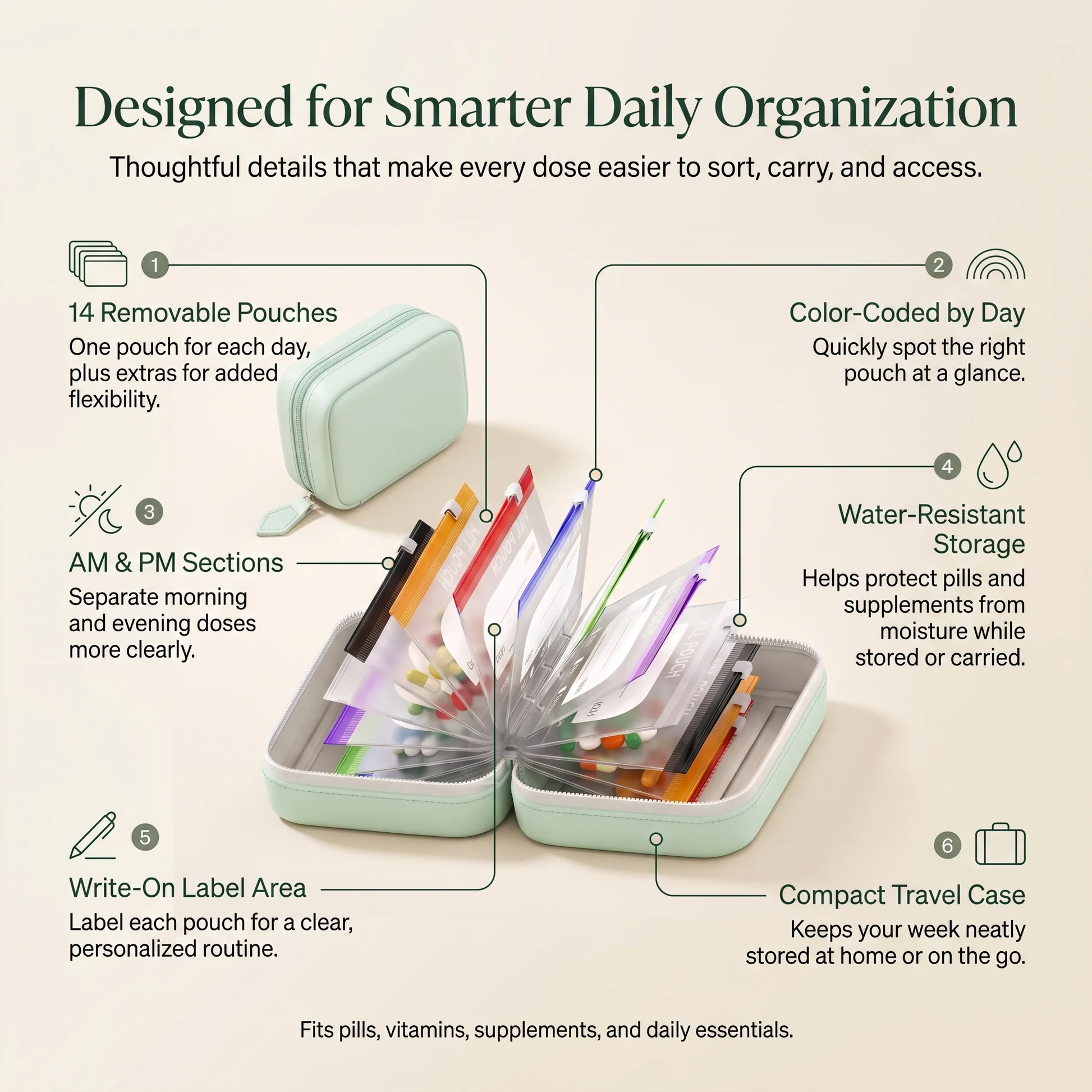 Features of removable pouch organizer