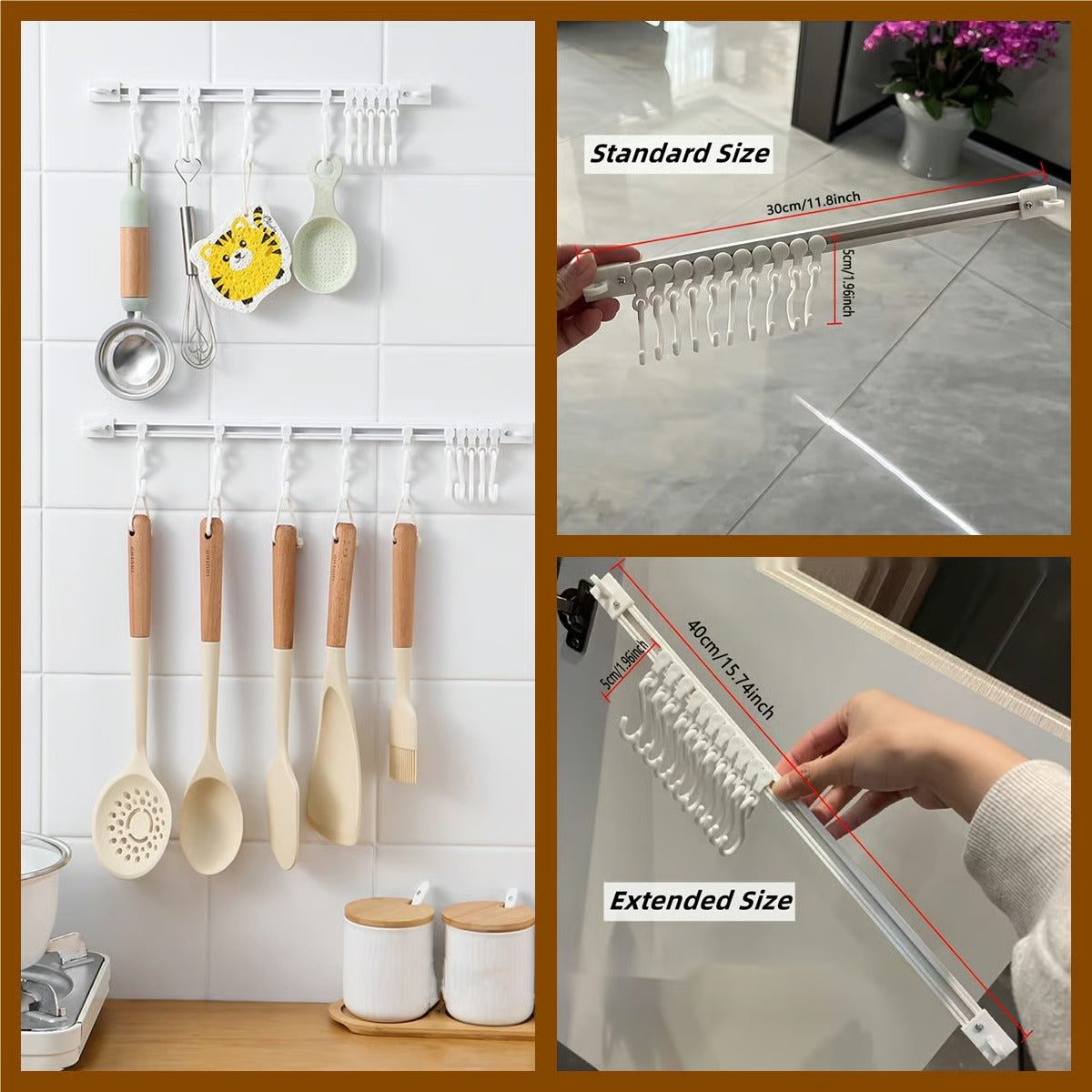 Standard and extended sliding kitchen hook rail sizes