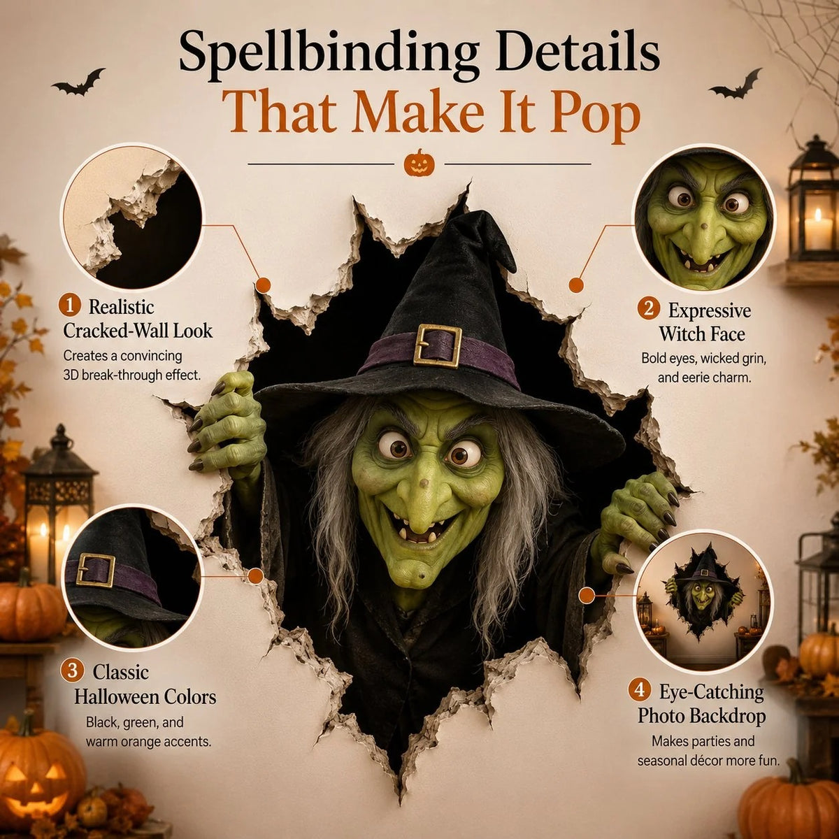 Halloween witch 3D cracked wall decal details
