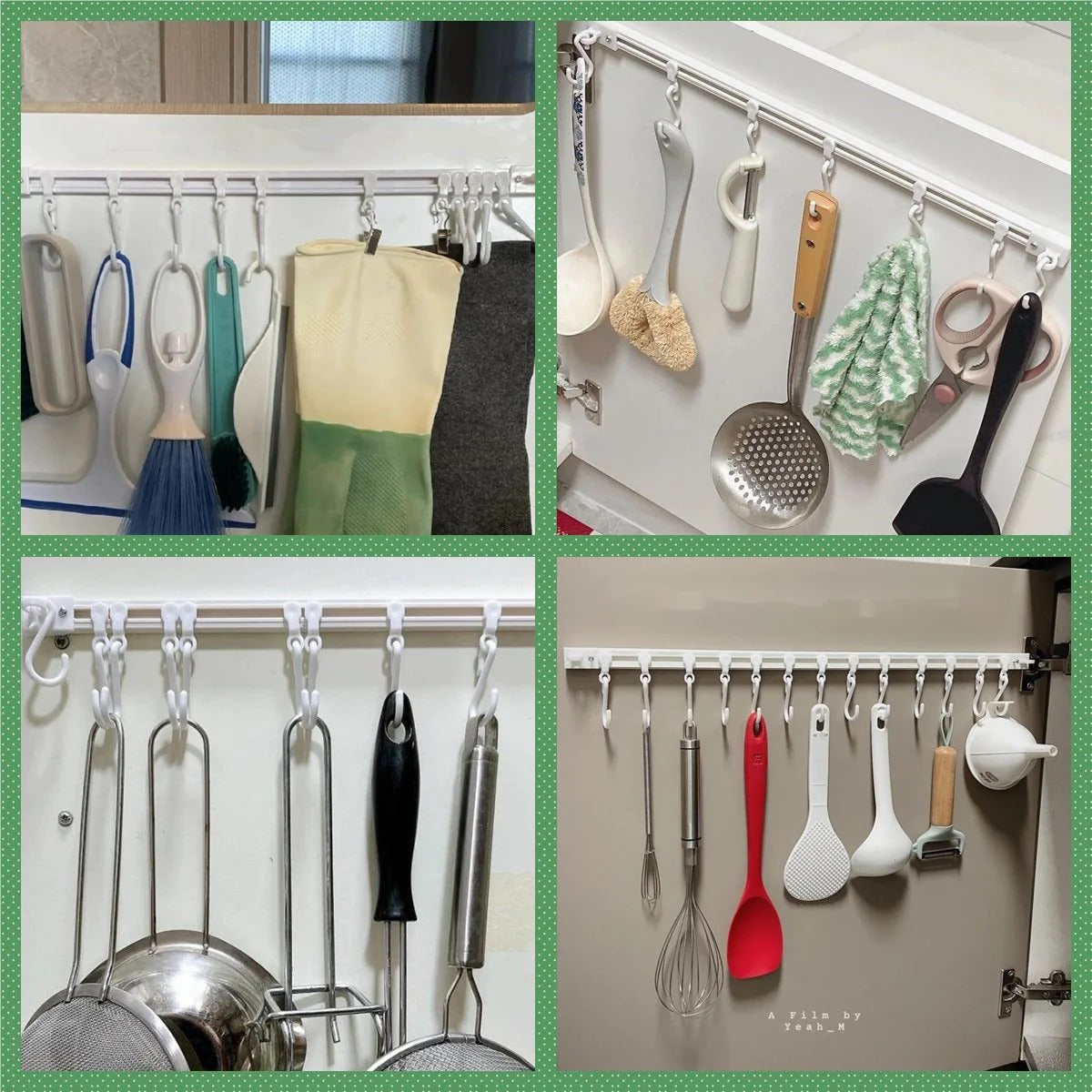 Everyday kitchen tools organized on sliding hook rail