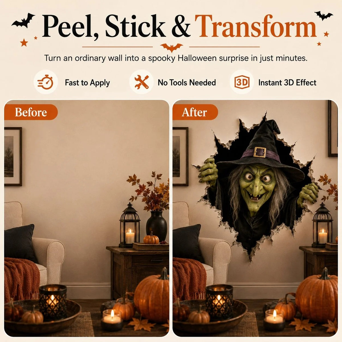 Halloween wall before and after applying witch wall decal