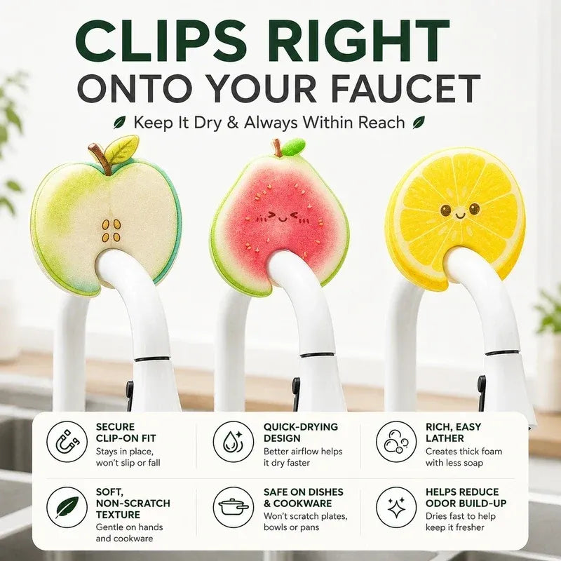 Fruit scrubber clipped onto faucet