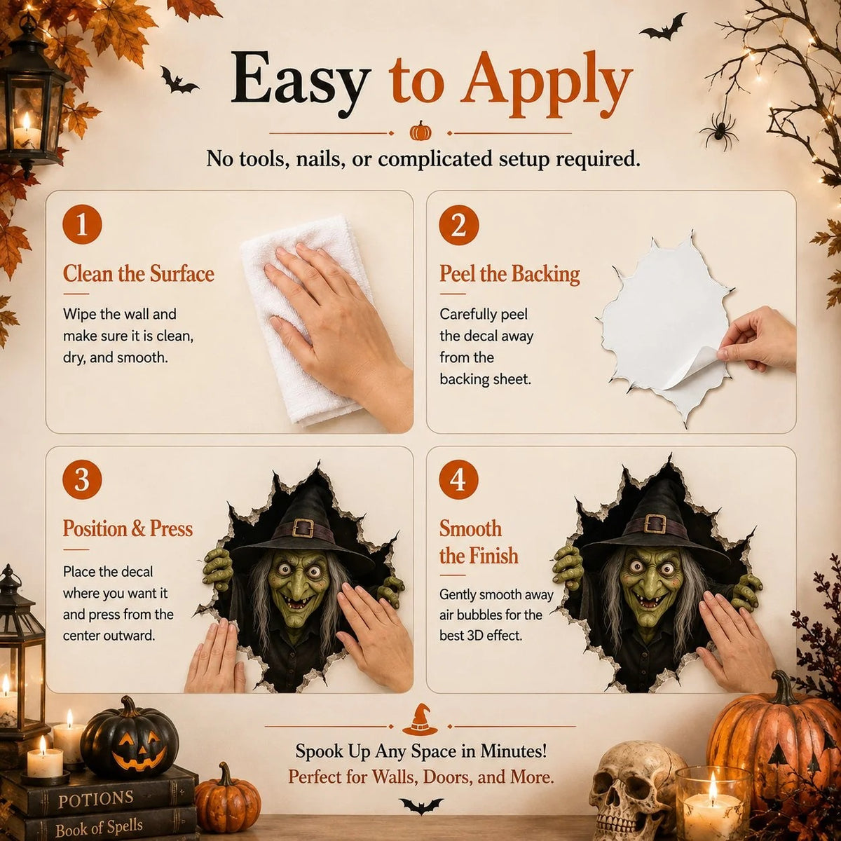 Steps for applying Halloween witch wall decal