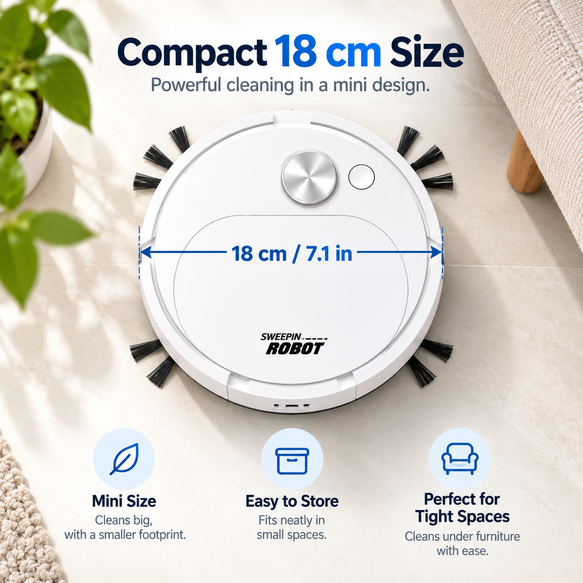 Compact 18 centimeter robot vacuum cleaner