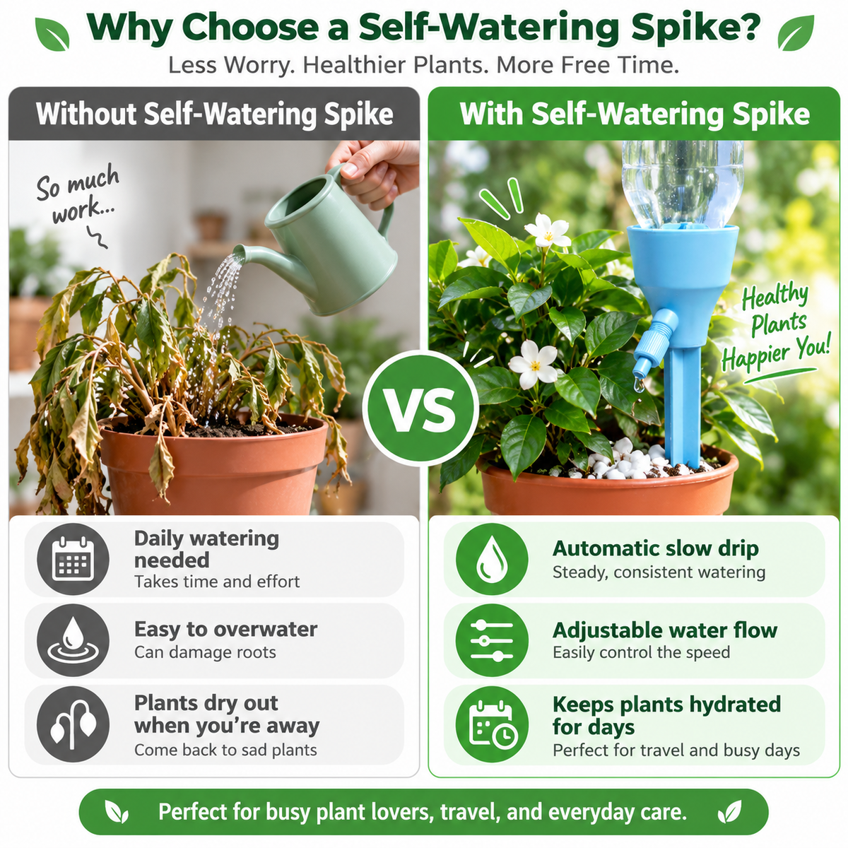 Hand watering compared with slow drip plant watering