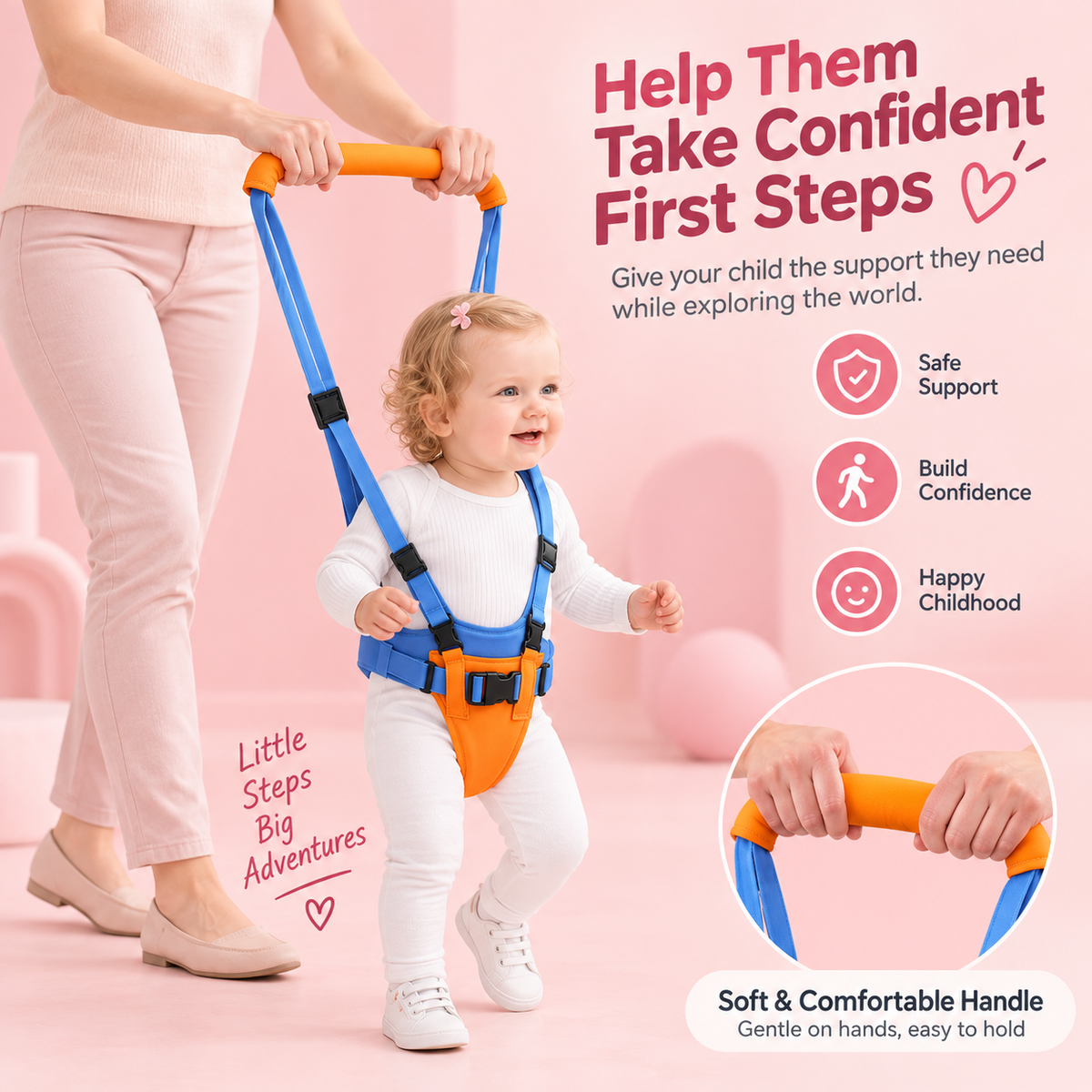 Parent guiding toddler during early walking practice