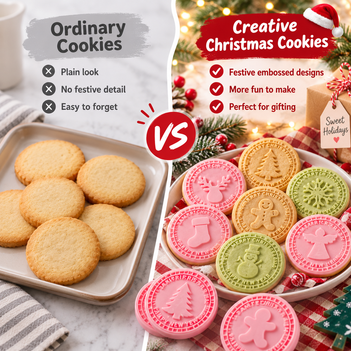 Ordinary cookies compared with festive embossed Christmas cookies