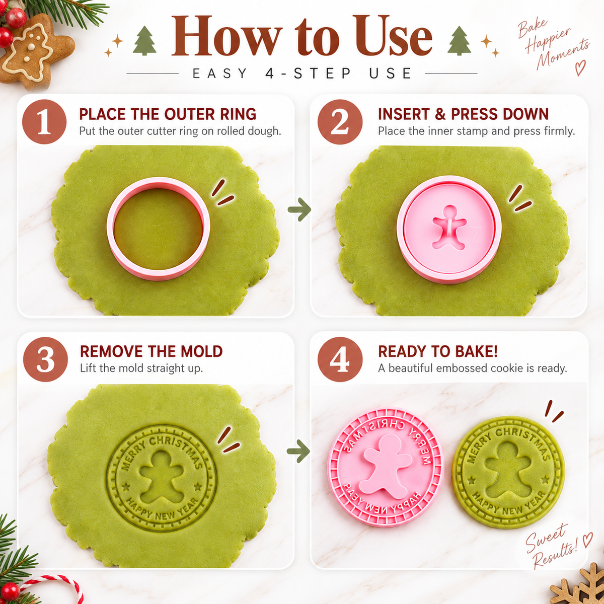 Four step instructions for using Christmas cookie cutter and embossing stamp