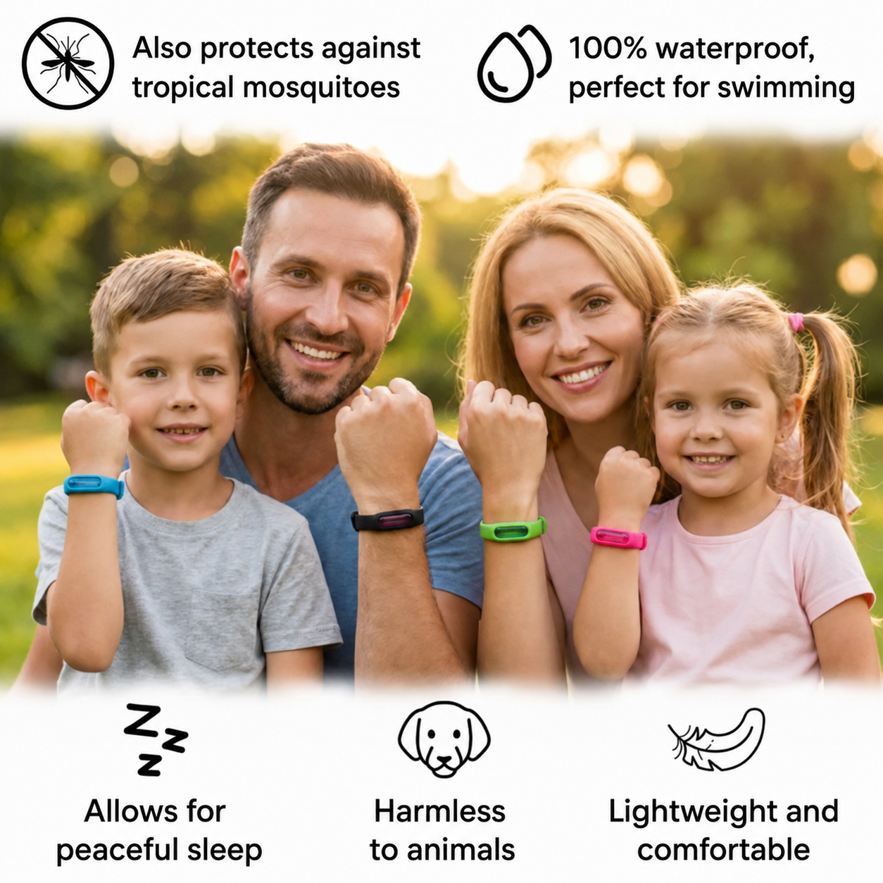 Family wearing colorful outdoor wristbands