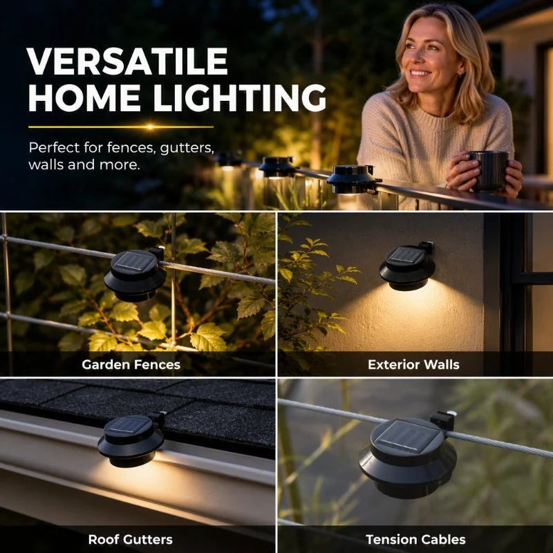Solar light mounted on fences gutters walls and cables