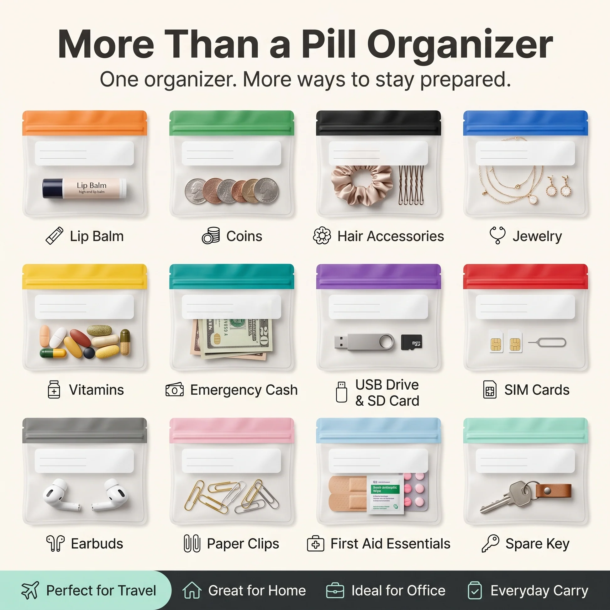 Labeled zipper pouches for pills and small essentials