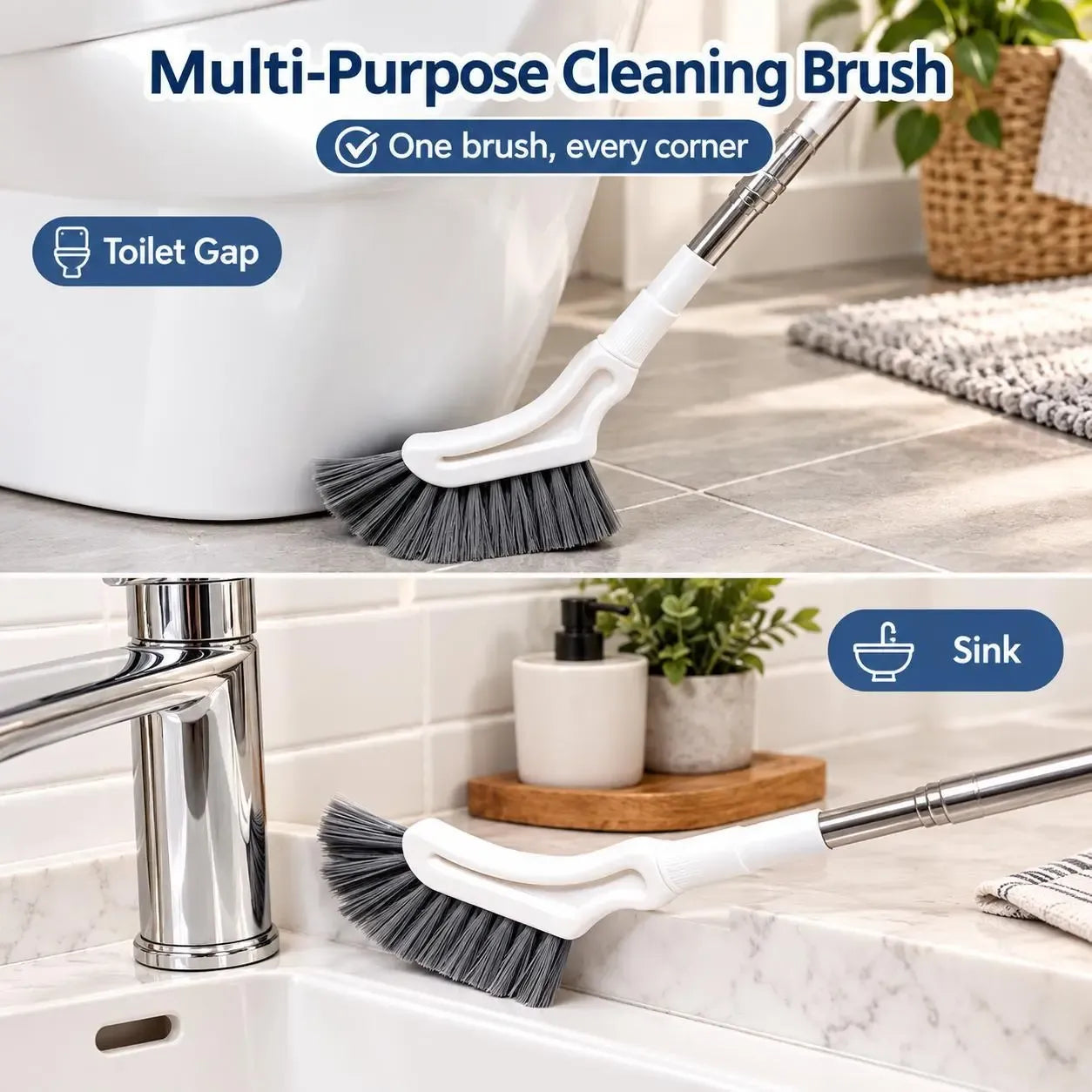 Multi-purpose brush used around toilet and sink