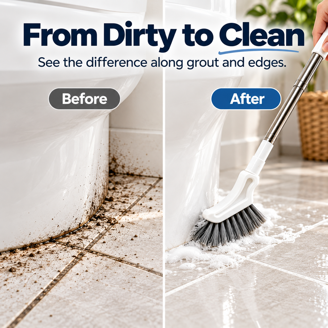 Before and after cleaning around toilet base and grout