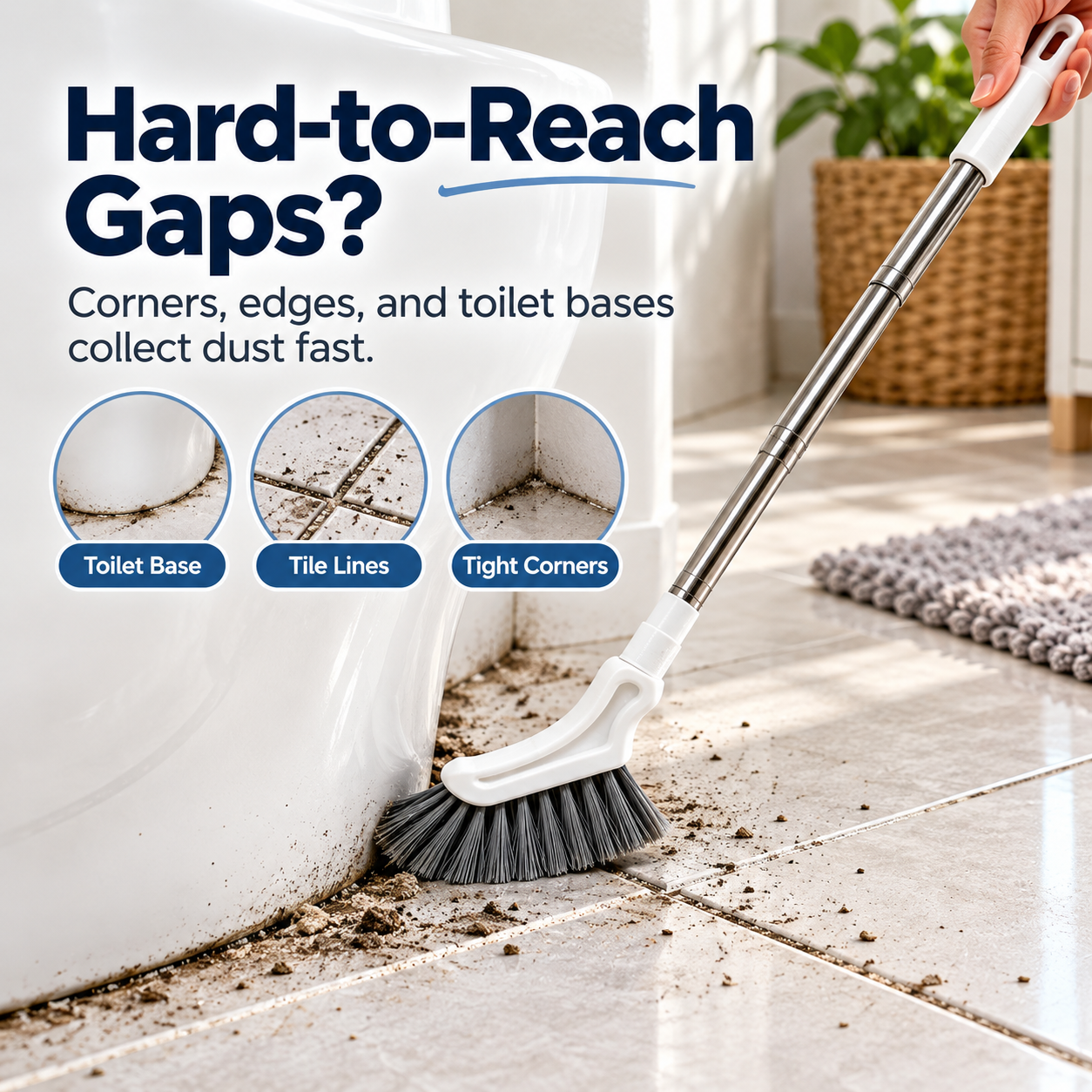 Dirty hard-to-reach gaps around toilet base and tile corners
