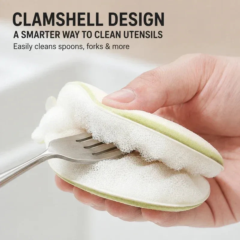 Clamshell scrubber cleaning a fork
