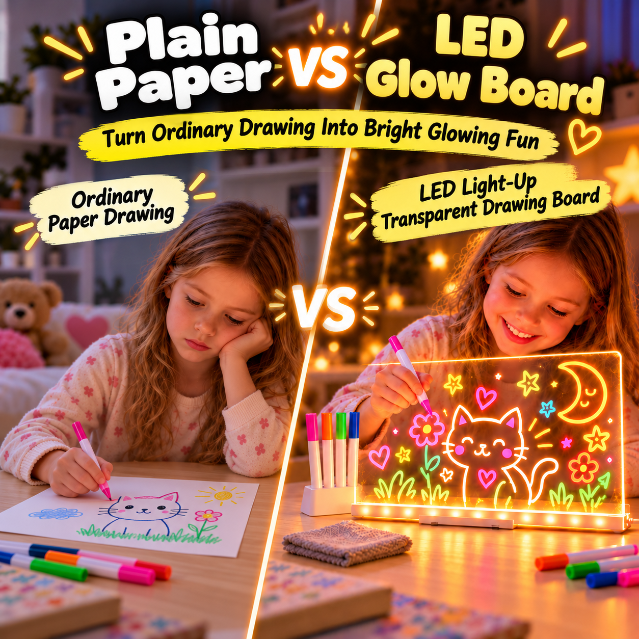 Comparison of ordinary paper drawing with a glowing reusable acrylic drawing board