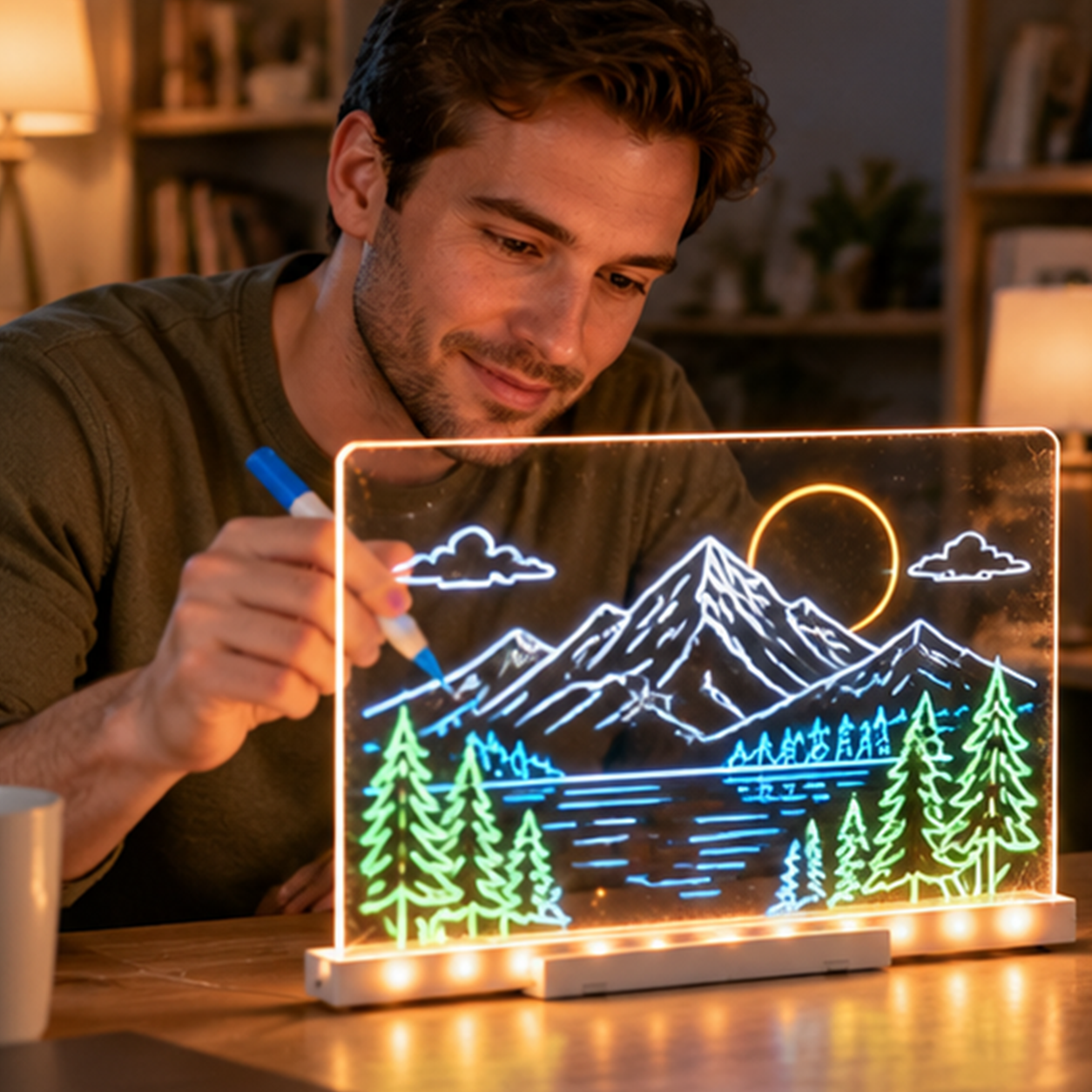 Glowing acrylic drawing board in a creative setting