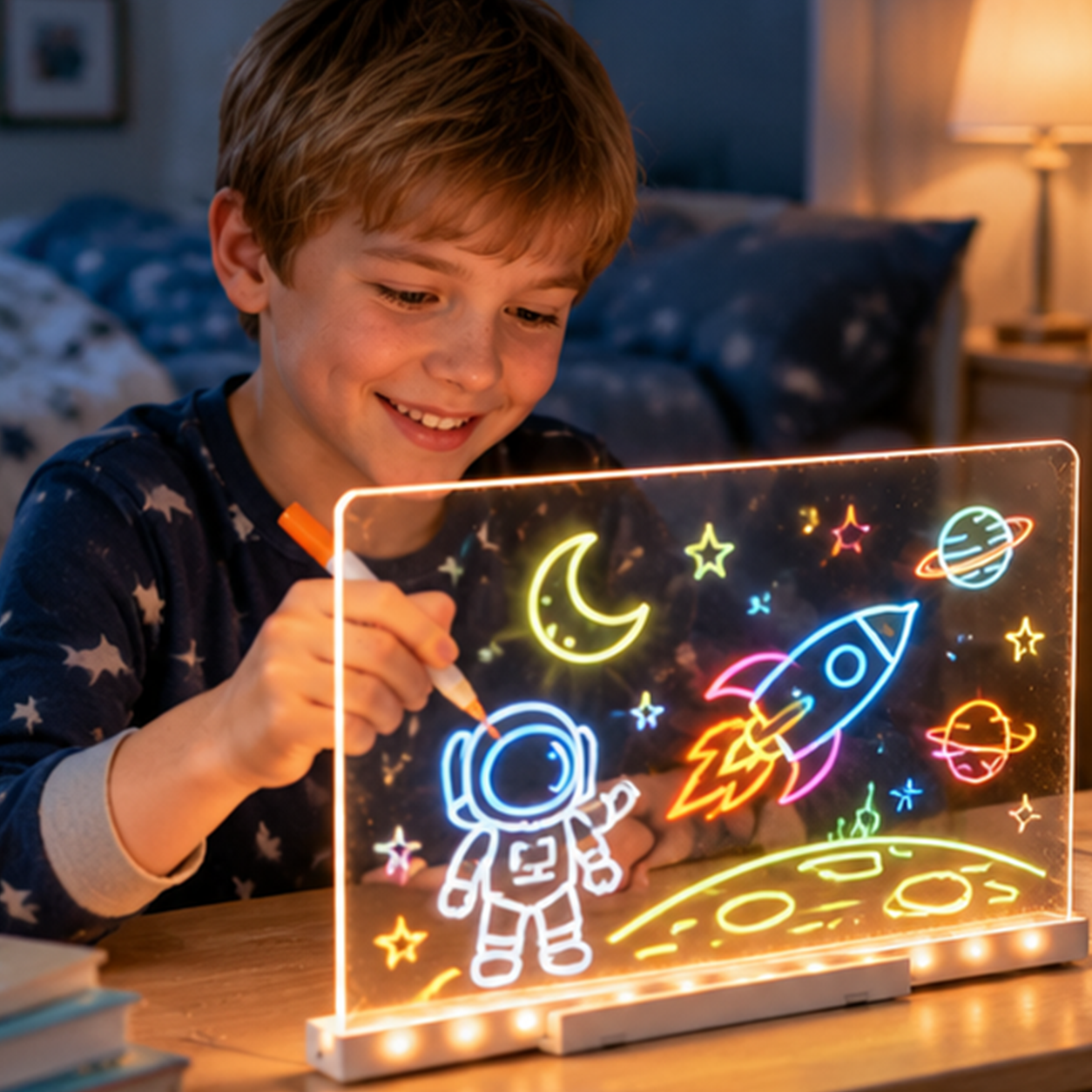 Glowing acrylic drawing board in a creative setting