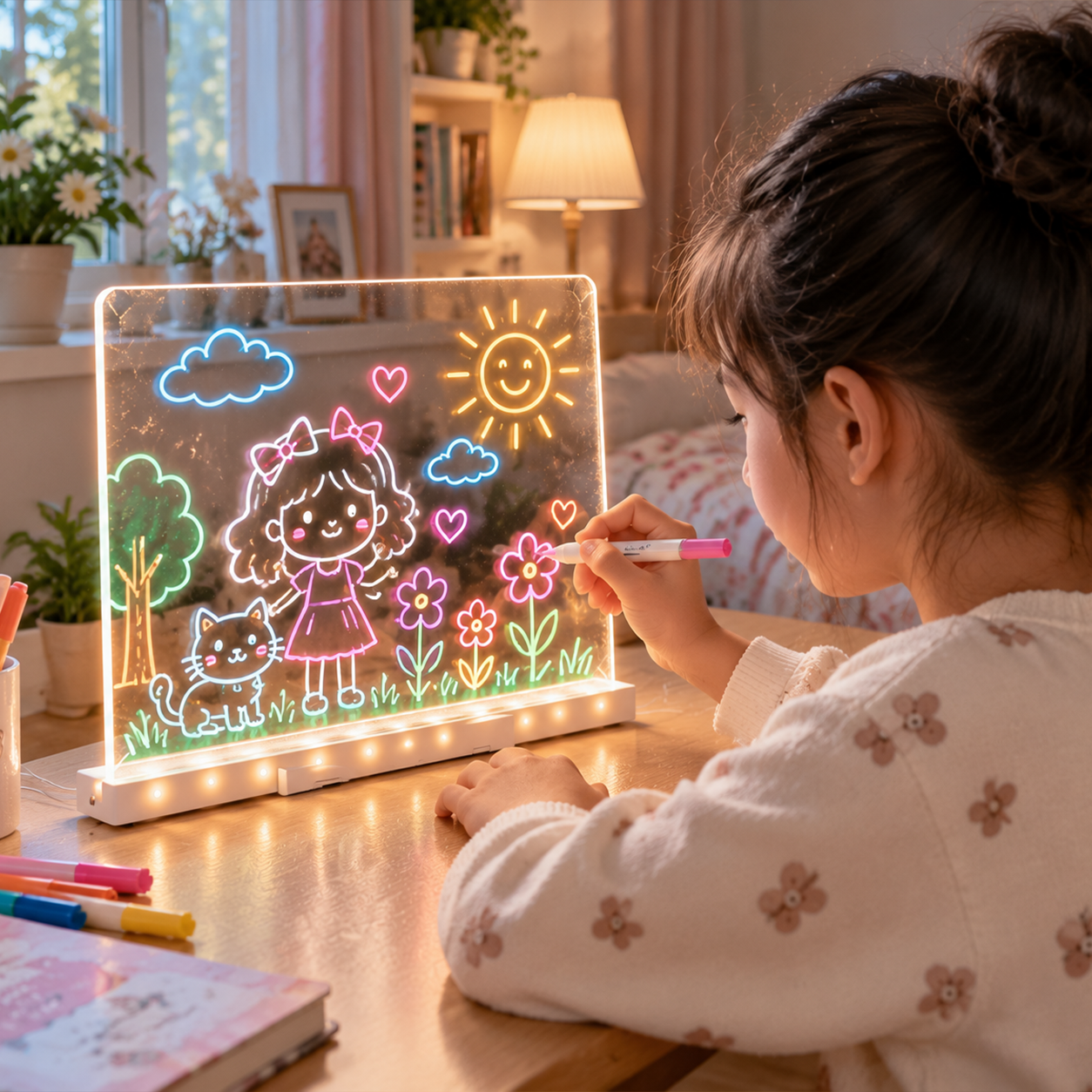 Glowing acrylic drawing board in a creative setting