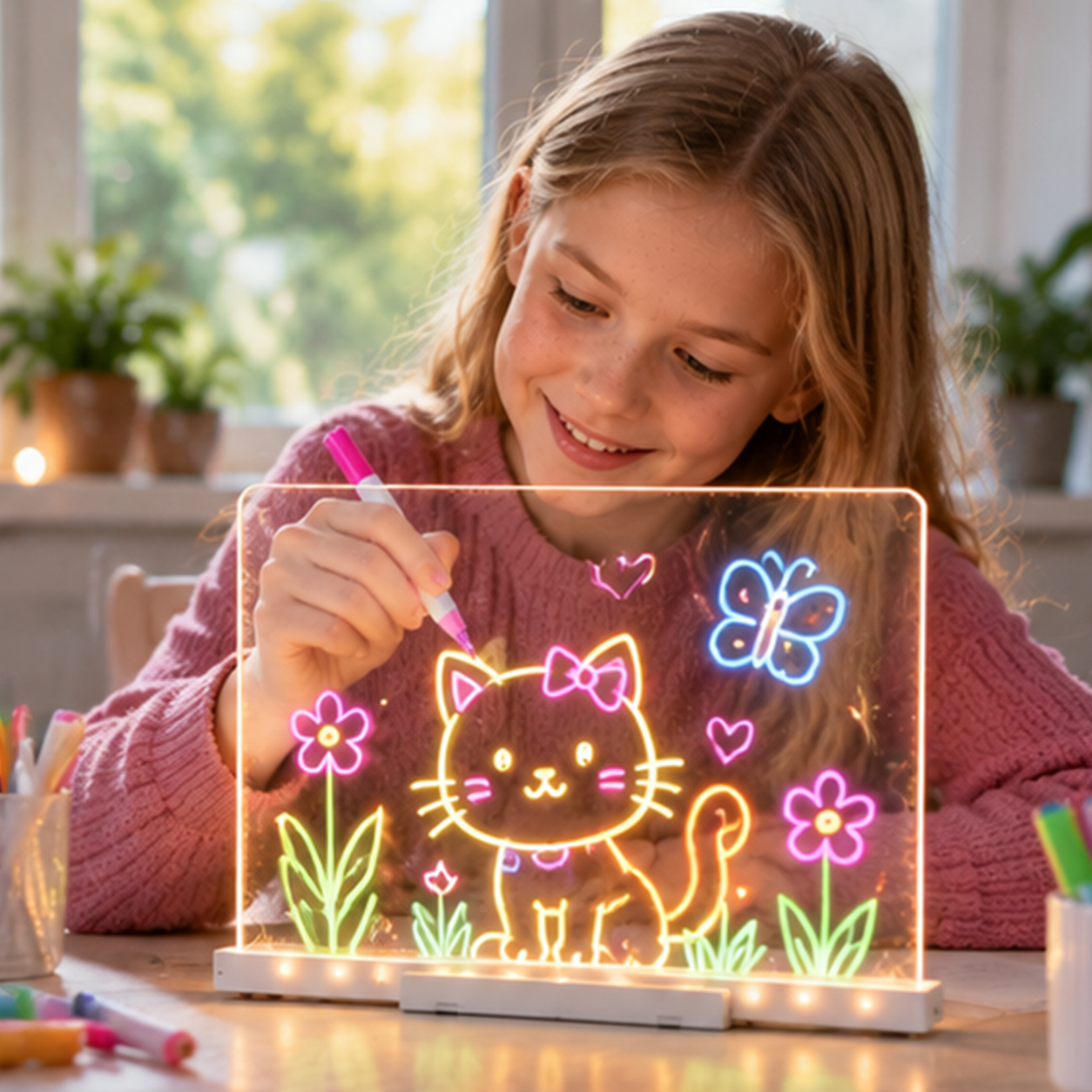 Glowing acrylic drawing board in a creative setting