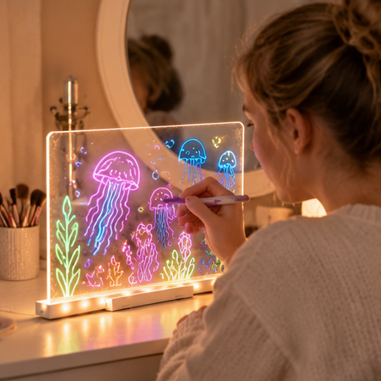 Glowing acrylic drawing board in a creative setting