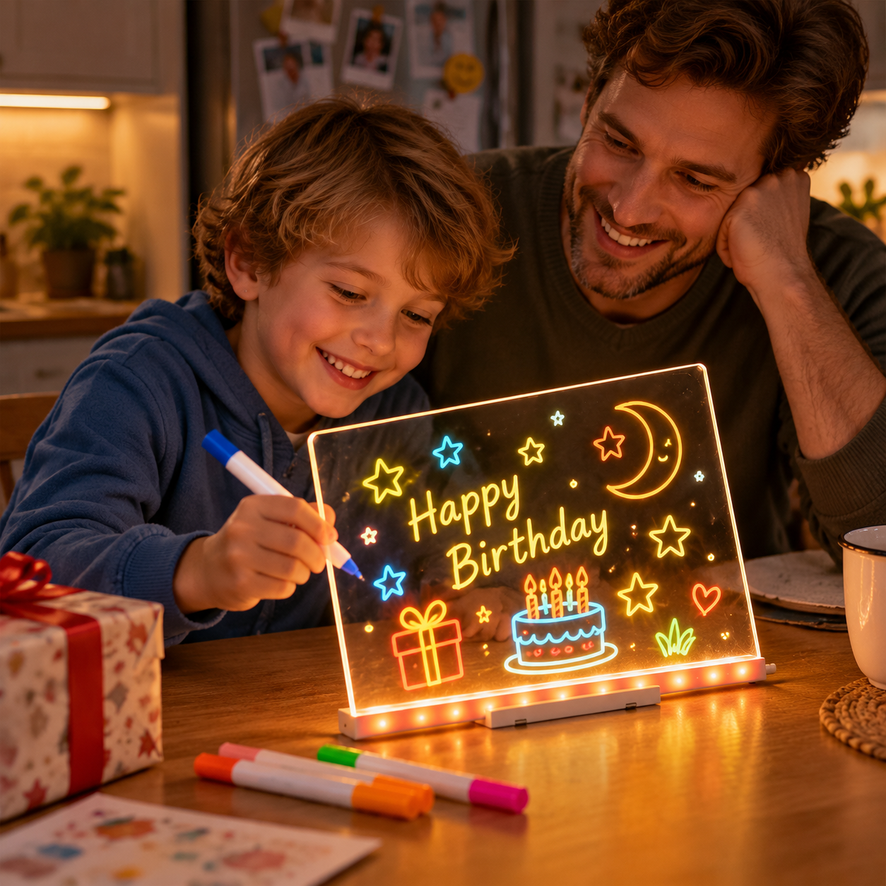 Glowing acrylic drawing board in a creative setting