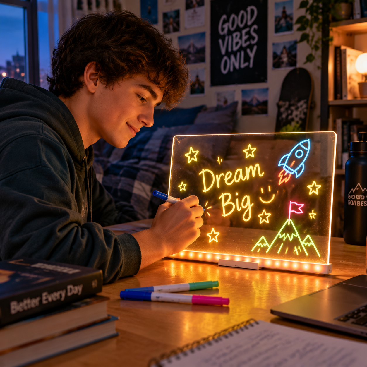 Glowing acrylic drawing board in a creative setting