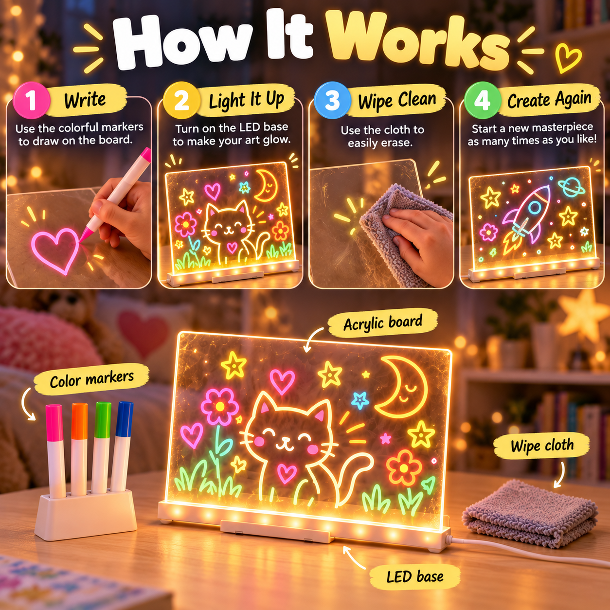 How to use the acrylic LED drawing board: draw, illuminate, wipe, and create again