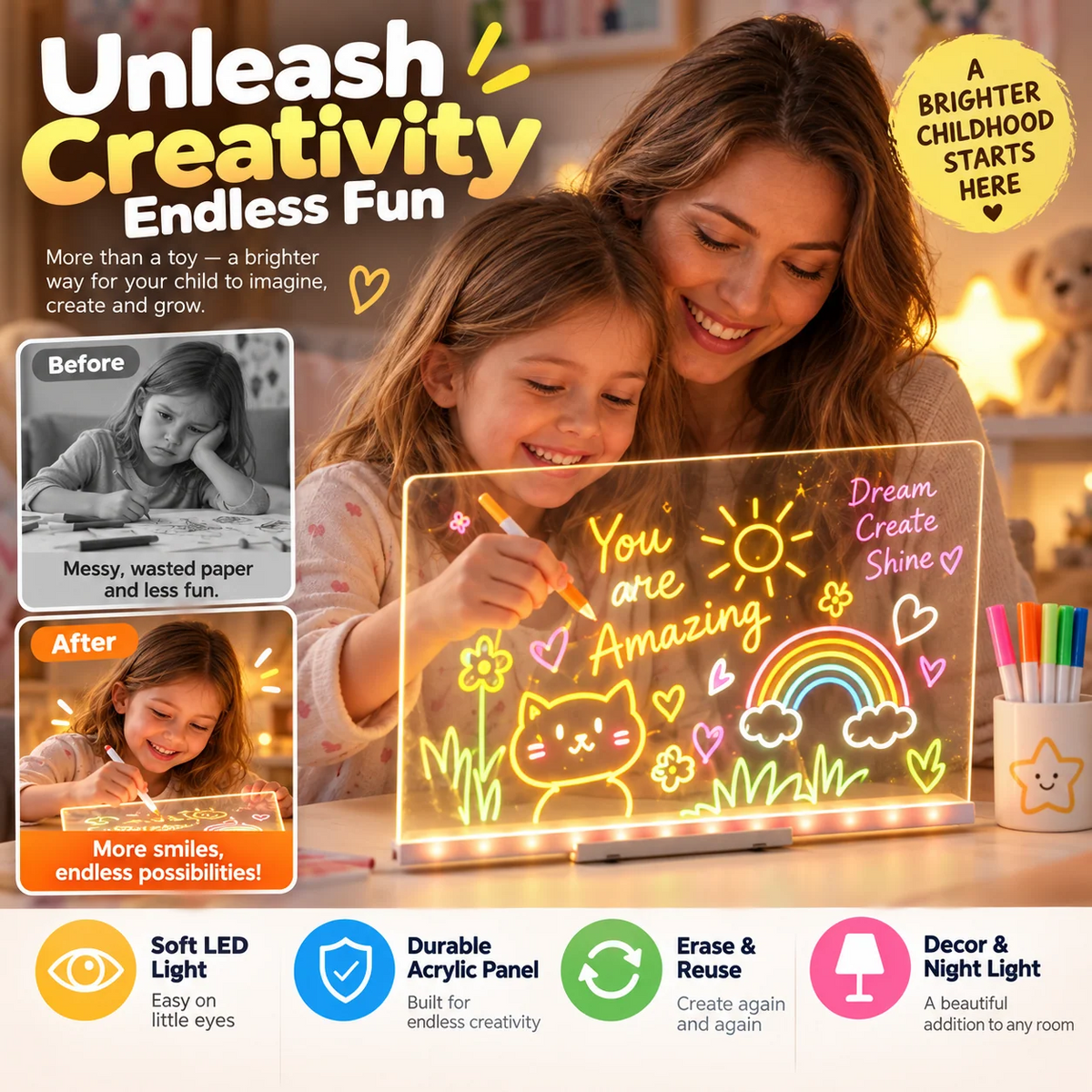 🔥LAST DAY 49% OFF🔥Kids LED Erasable Acrylic Drawing Board🪄