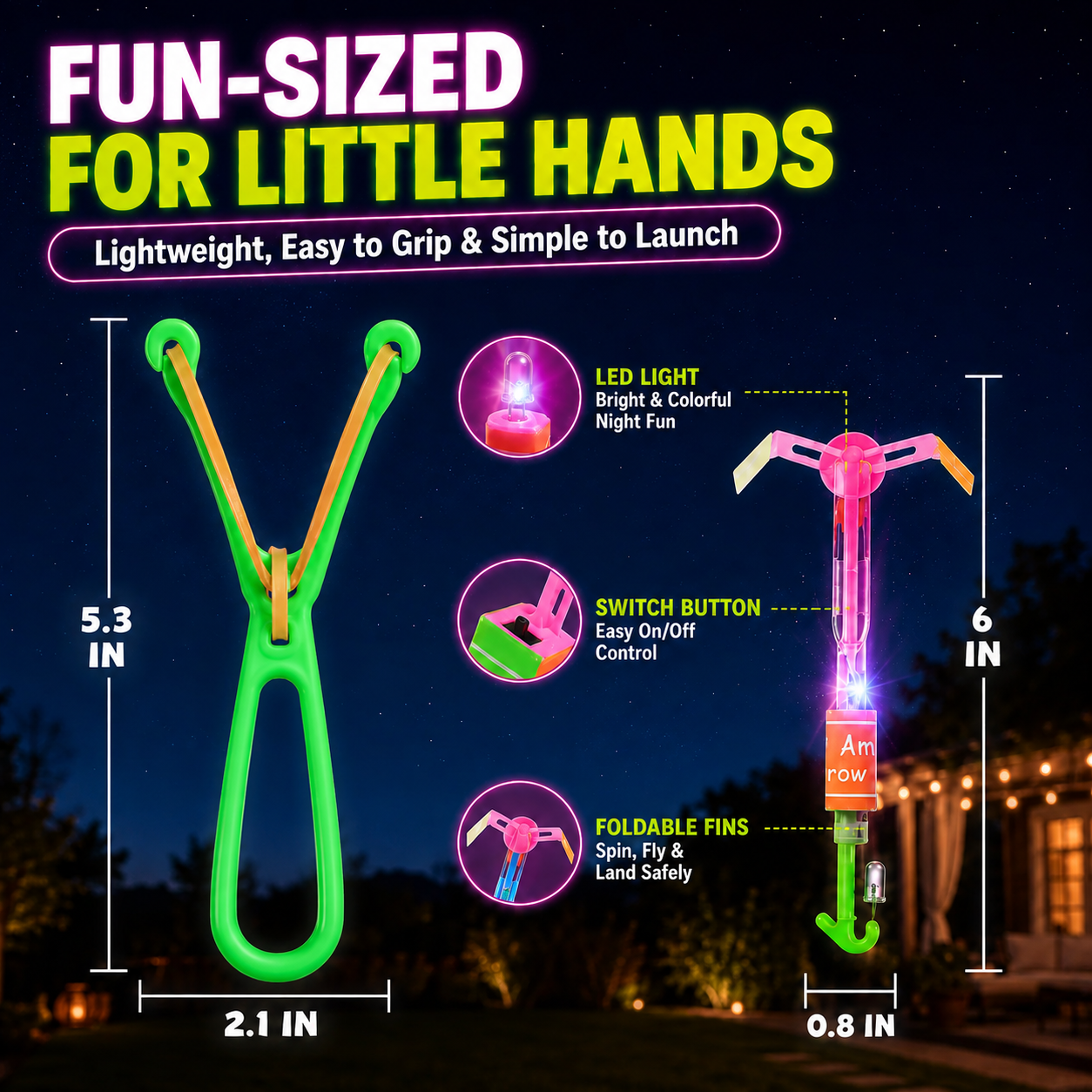 Dimensions and features of LED flying spinner and slingshot launcher