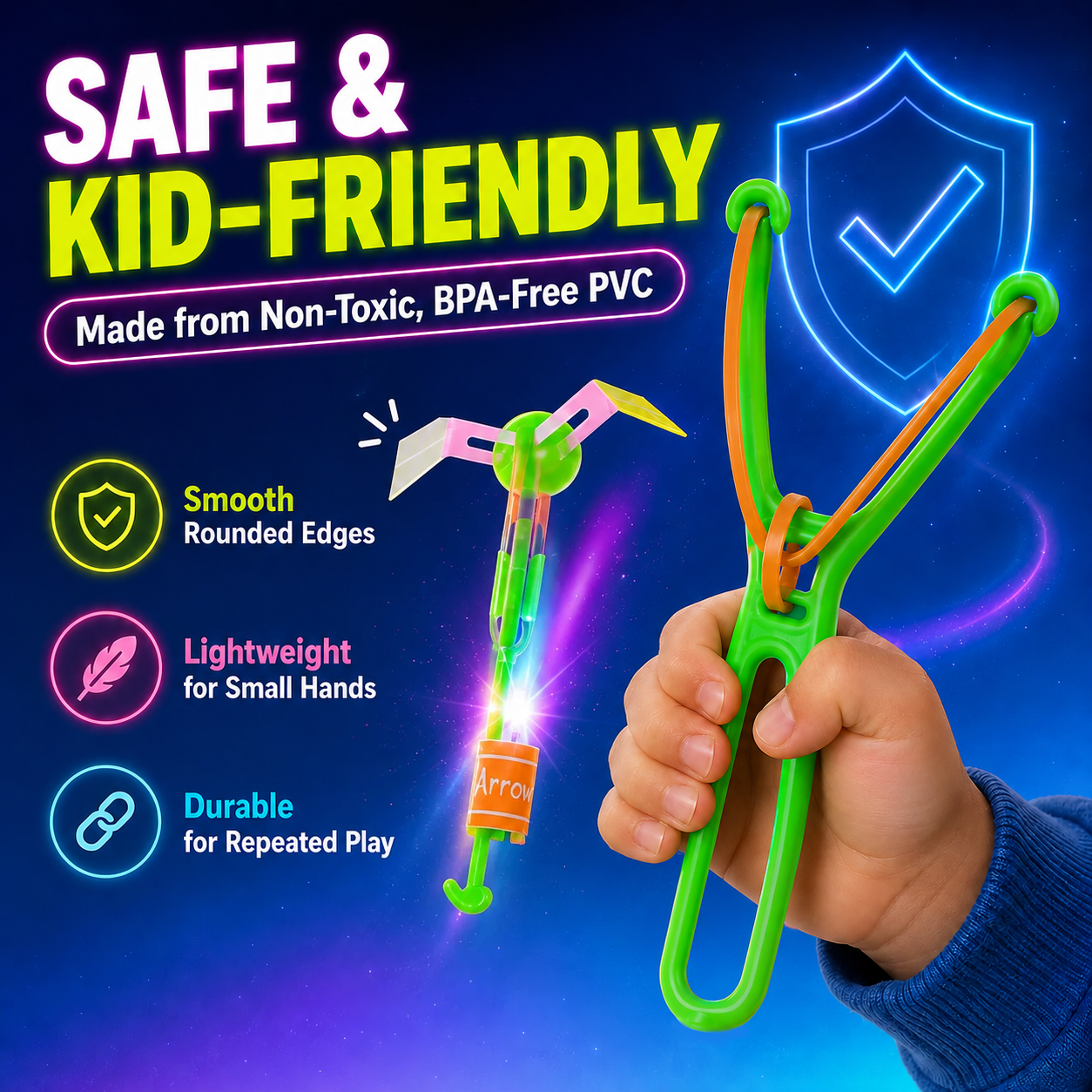 LED flying spinner and lightweight slingshot launcher close-up