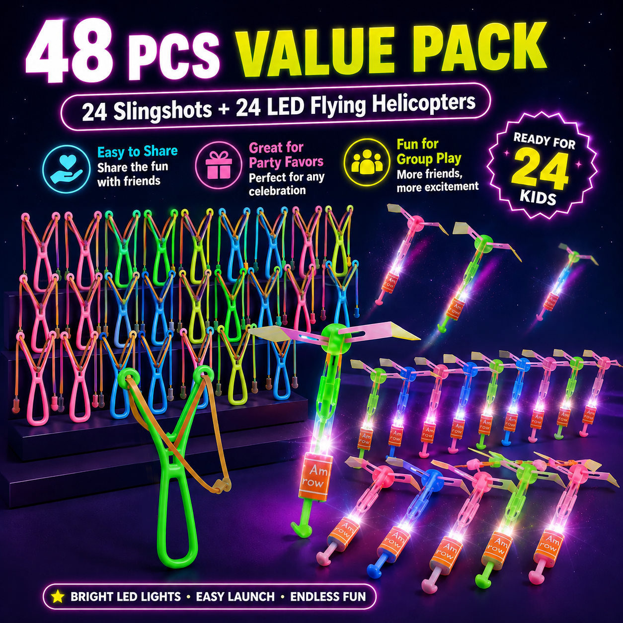 Group pack of colorful slingshots and LED flying spinners