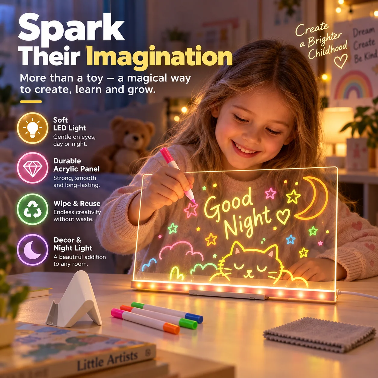 Child drawing a colorful design on a glowing acrylic board