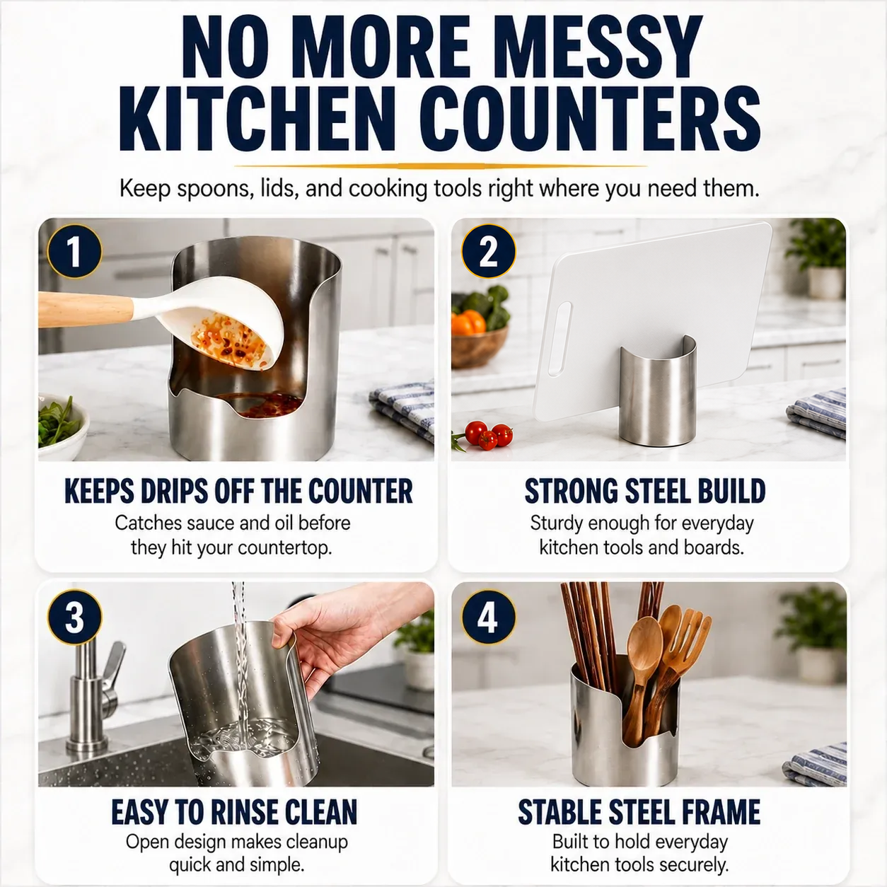 Stainless steel kitchen organizer features