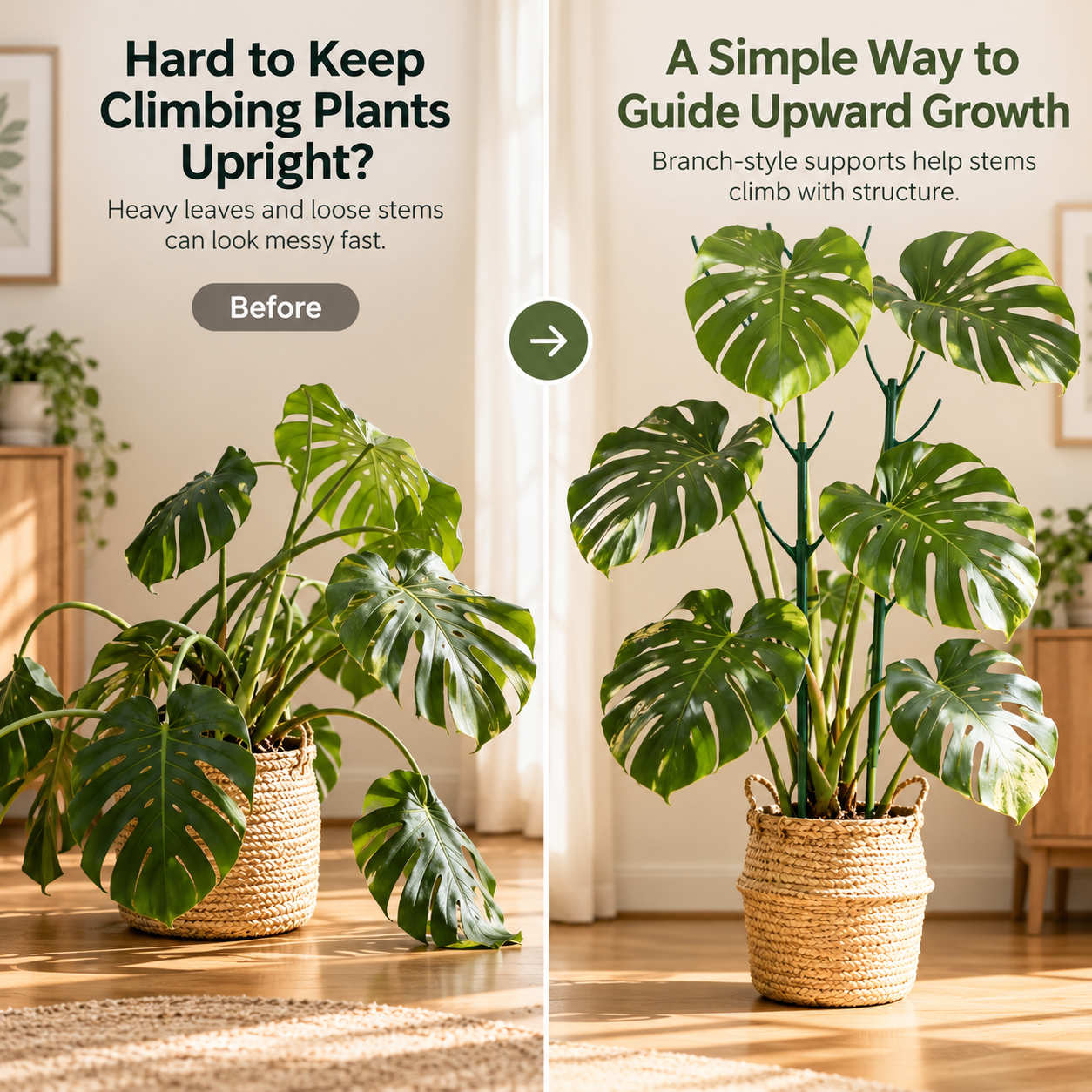 Before and after Monstera plant support